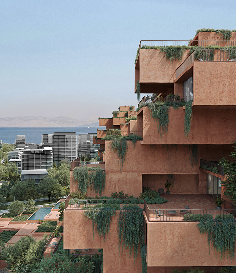 stacked earthen red volumes shape rhythmic residential tower in athens