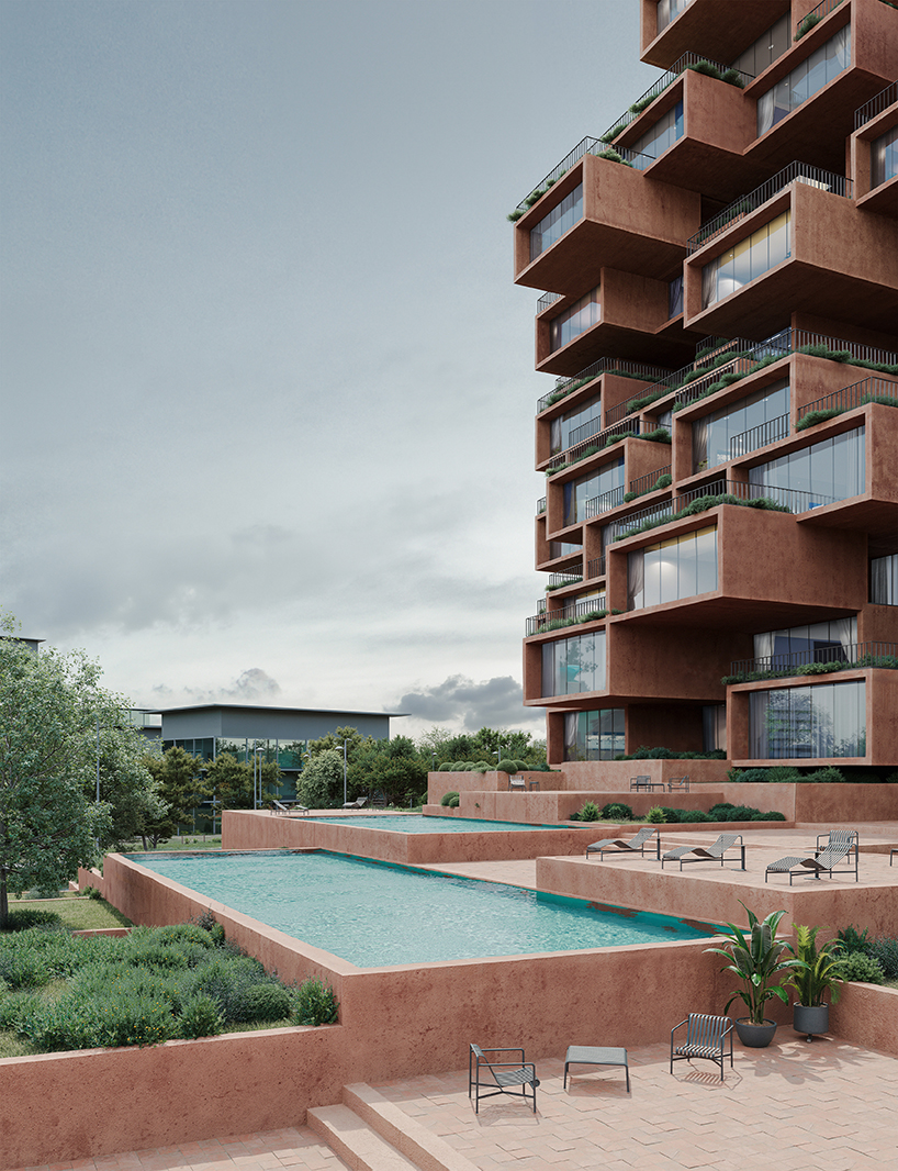 stacked earthen red volumes shape rhythmic residential tower in athens