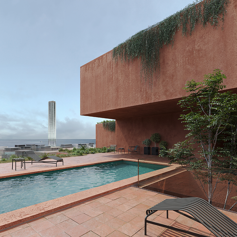 stacked earthen red volumes shape rhythmic residential tower in athens