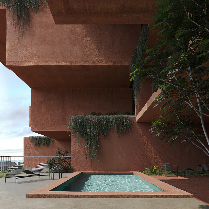 stacked earthen red volumes shape rhythmic residential tower in athens