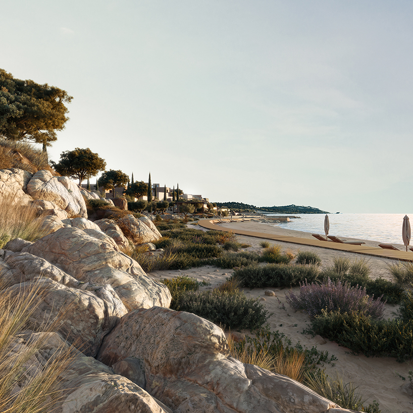 beach club’s stepped stone volumes and timber pergolas surround lagoon-like pool in greece - 3