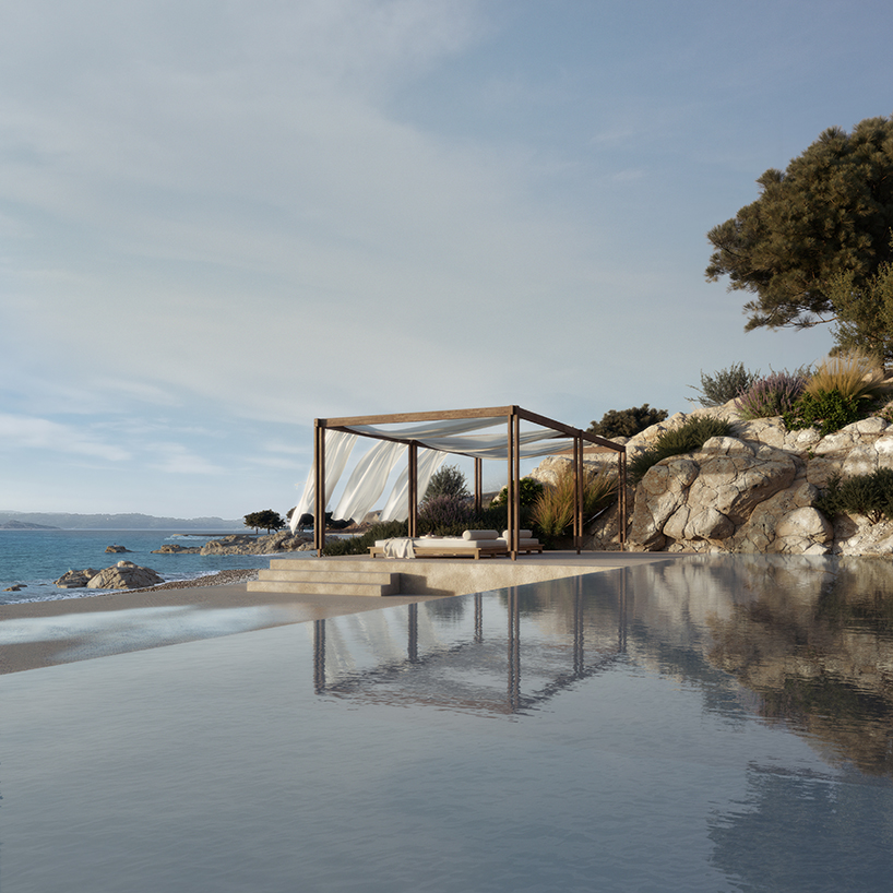 beach club’s stepped stone volumes and timber pergolas surround lagoon-like pool in greece - 5
