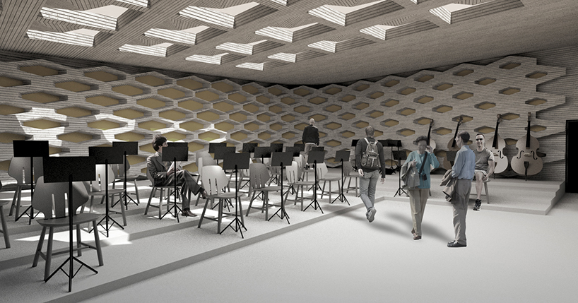 tomas santacruz designs wooden cantilevered roof for tokyo music centre