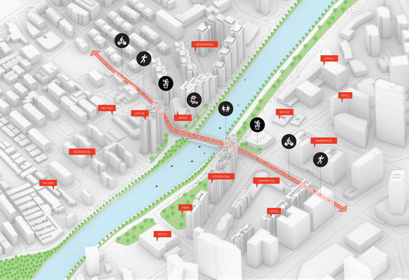 100architects rejuvenate pedestrian bridge in shanghai with bright colors + looped  shapes