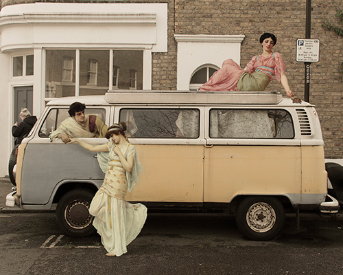 the canvas project depicts figures from famous paintings in ordinary modern day settings