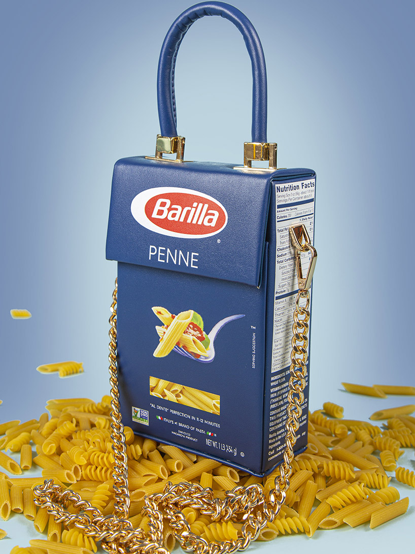 nik bentel transforms classic box of pasta into trendy mini fashion bag