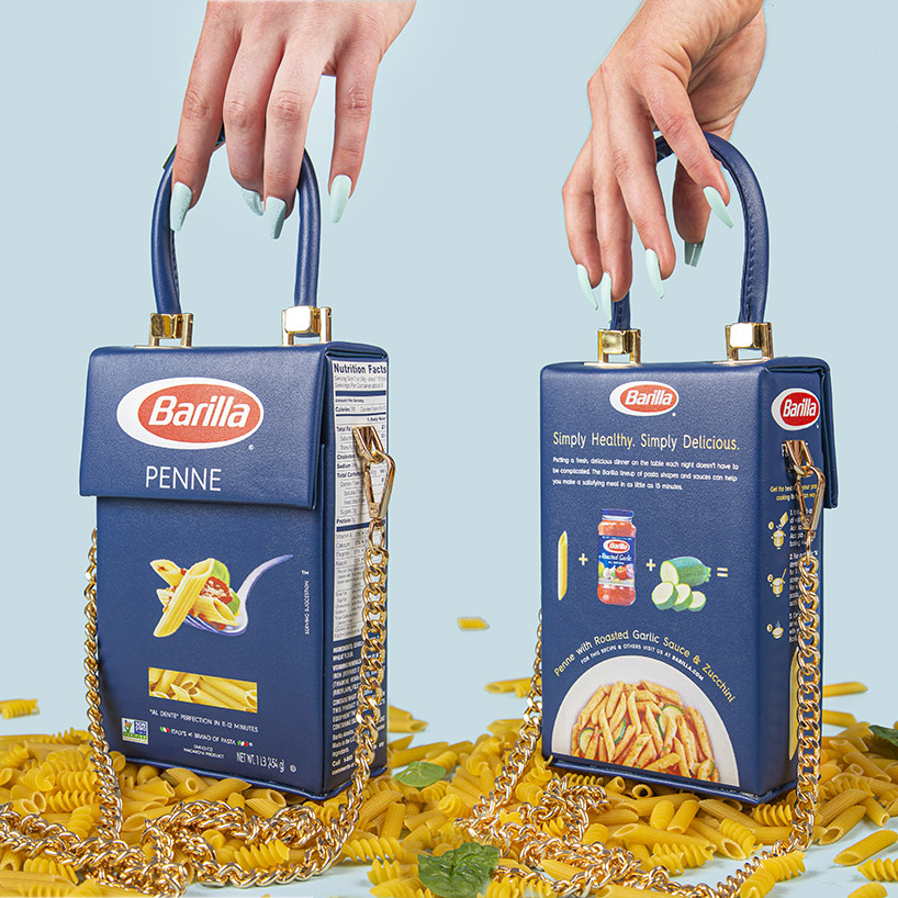 nik bentel transforms classic box of pasta into trendy mini fashion bag