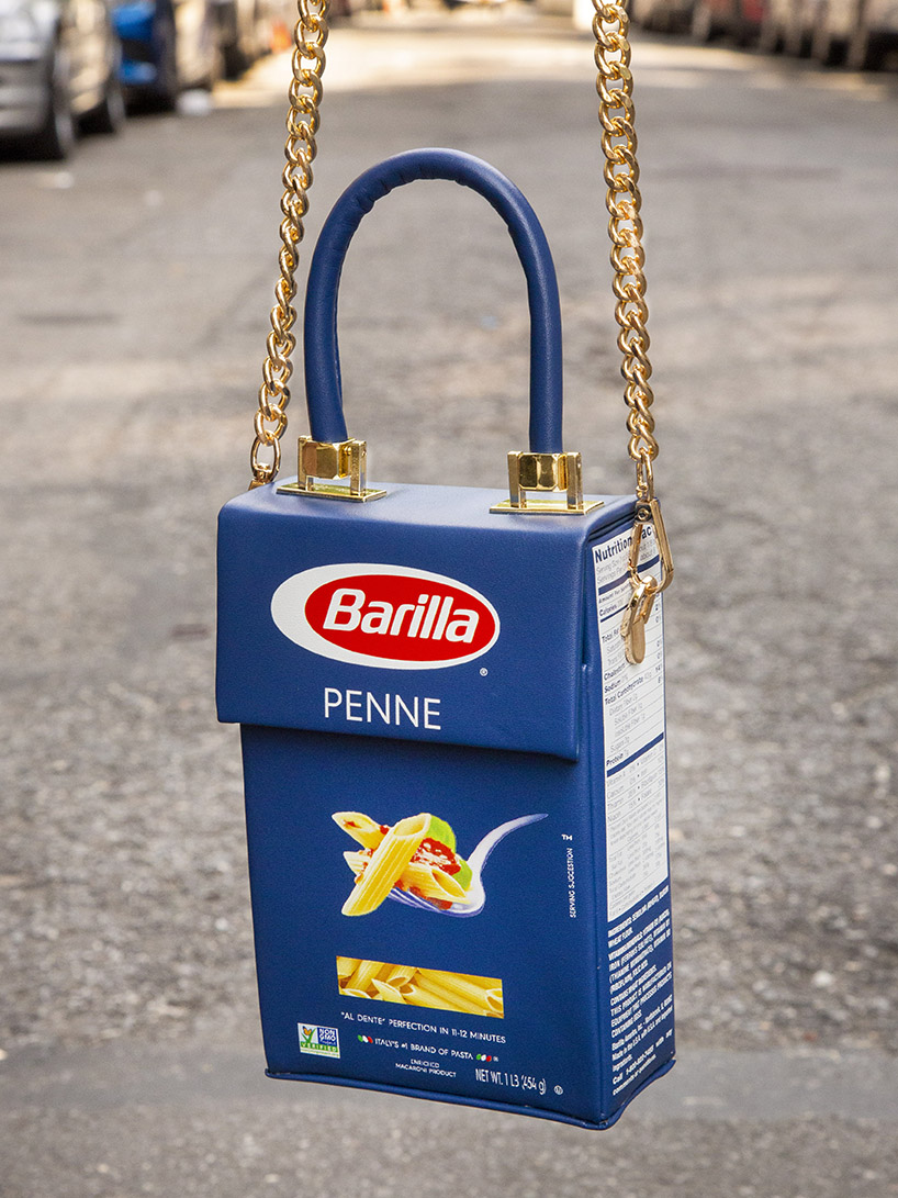 nik bentel transforms classic box of pasta into trendy mini fashion bag