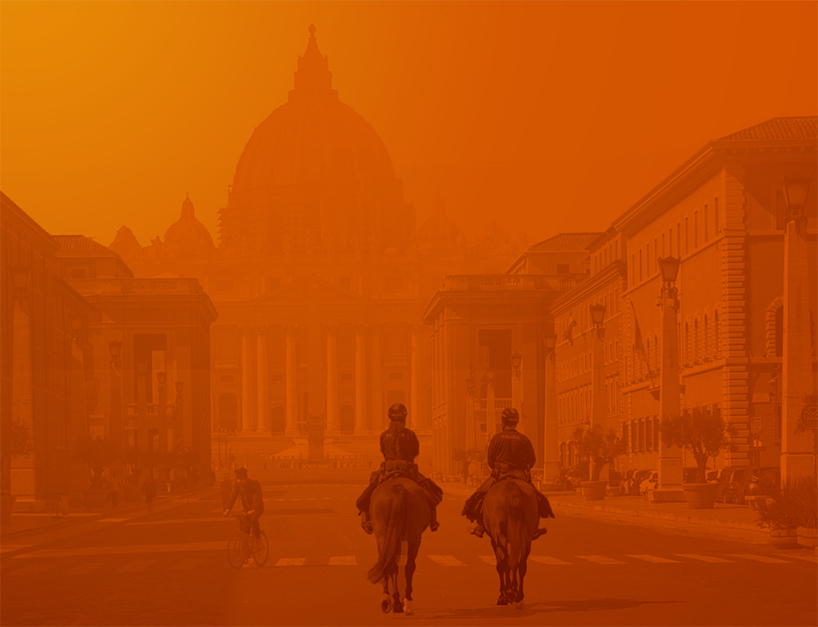 'corome virus' depicts the deserted streets of rome in a dystopian orange haze designboom