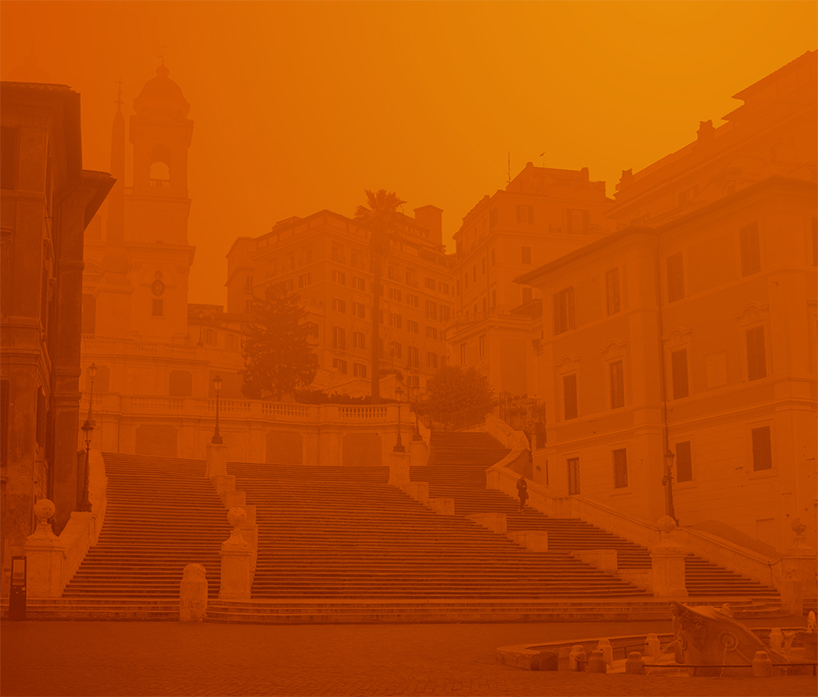 'corome virus' depicts the deserted streets of rome in a dystopian orange haze designboom