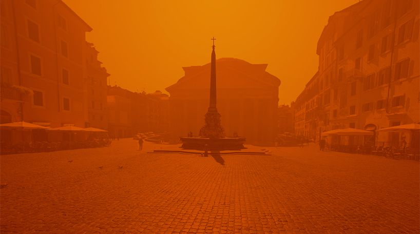 'corome virus' depicts the deserted streets of rome in a dystopian orange haze designboom