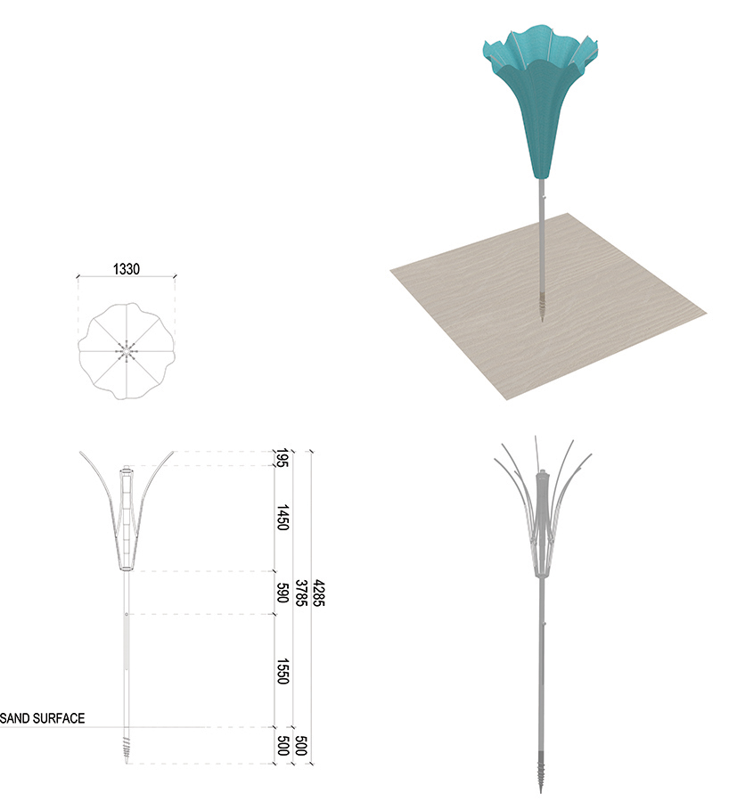 kim min jae architects proposes shape-shifting flower parasols for beach dwellers