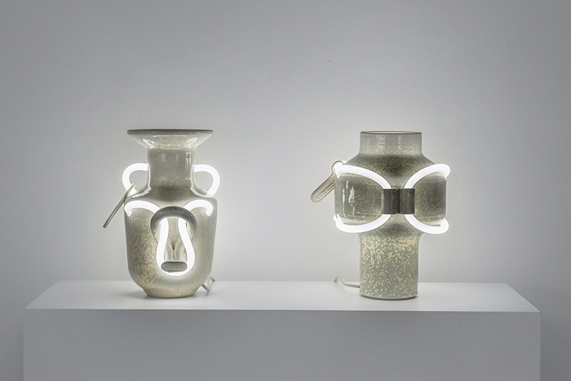 néophore series by döppel studio embeds neon lights into ceramic amphorae