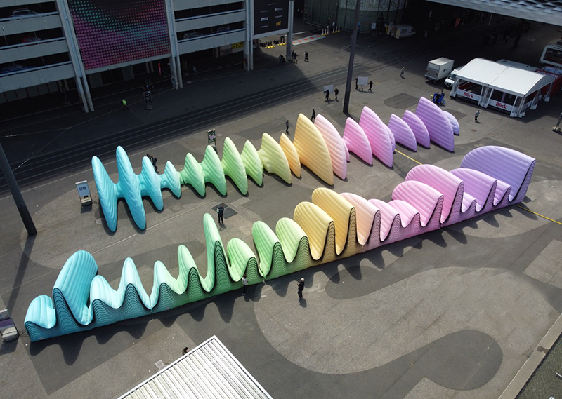 inflatable sound wave installation stretches along basel’s messeplatz for eurovision