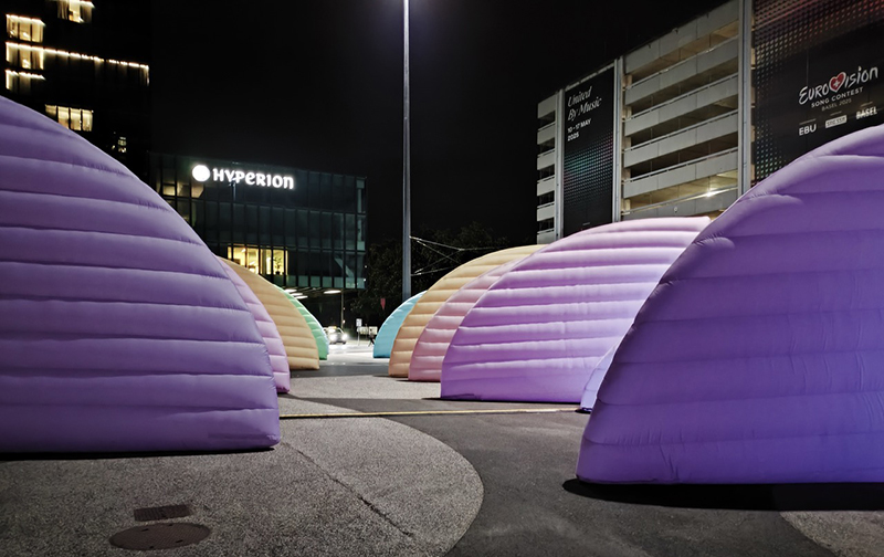 inflatable sound wave installation stretches along basel’s messeplatz for eurovision