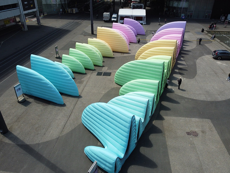 inflatable sound wave installation stretches along basel’s messeplatz for eurovision