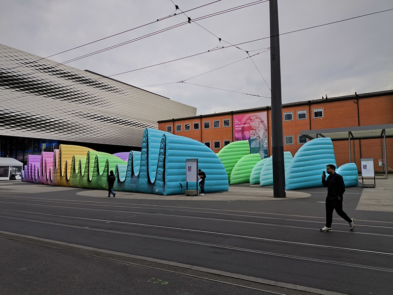 inflatable sound wave installation stretches along basel’s messeplatz for eurovision