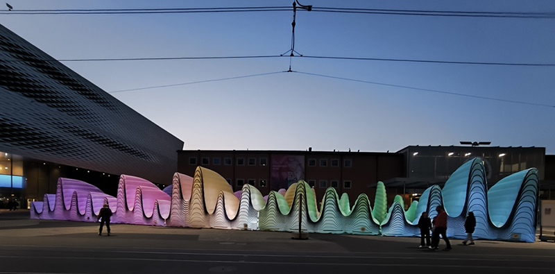 inflatable sound wave installation stretches along basel’s messeplatz for eurovision
