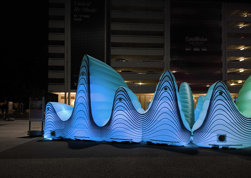 inflatable sound wave installation stretches along basel’s messeplatz for eurovision