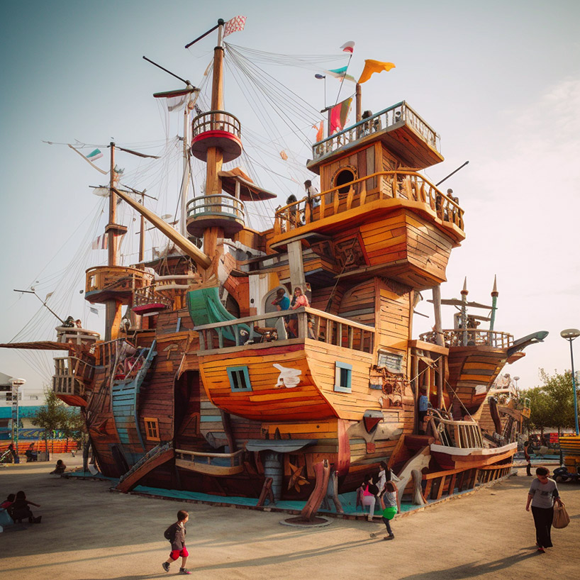 The vibrant AI series designs children's playgrounds as spaceships, boats and zeppelins