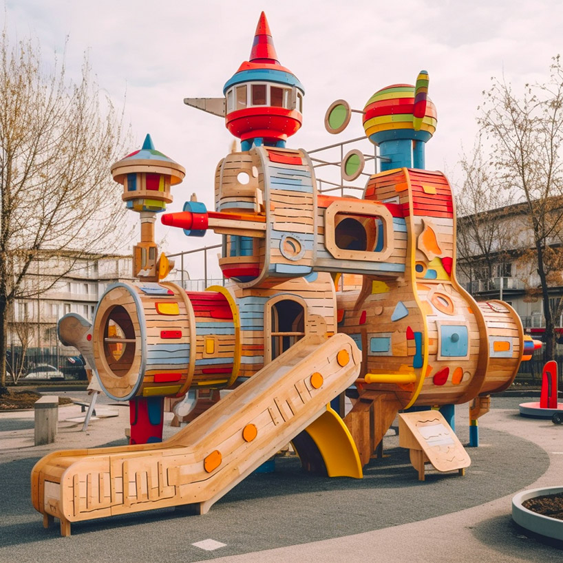 The vibrant AI series designs children's playgrounds as spaceships, boats and zeppelins