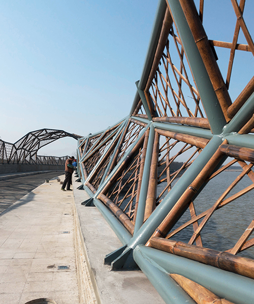 mimesis architecture studio fills harbour bridge with bamboo nets in wuxi, china