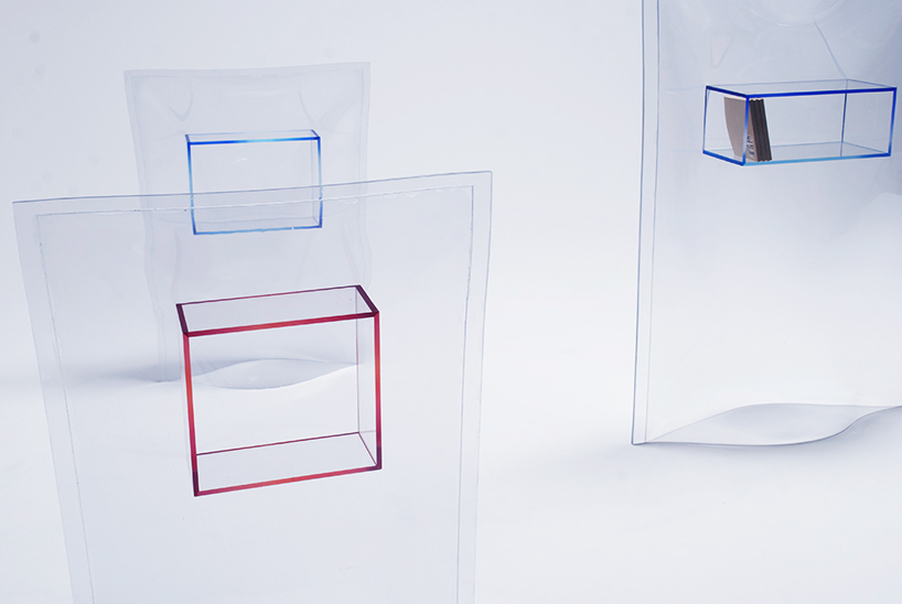 acrylic boxes and vinyl bags are combined into unusual freestanding structures