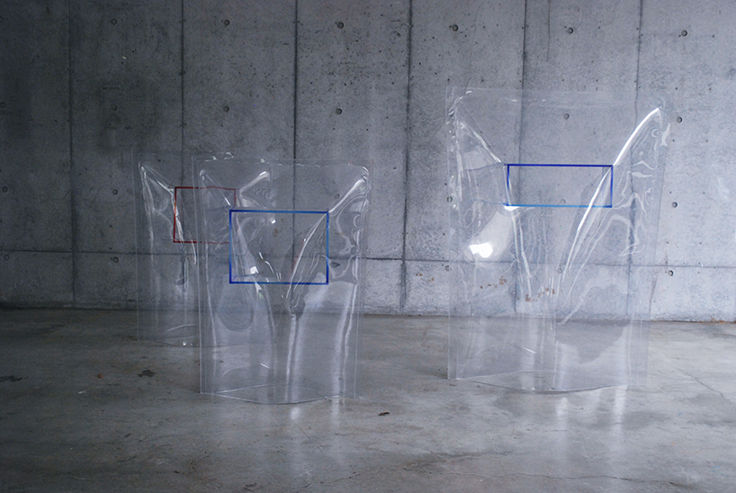 acrylic boxes and vinyl bags are combined into unusual freestanding structures
