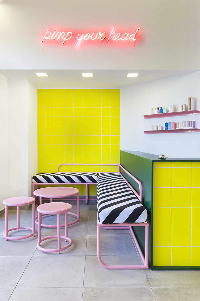 studiomateriality applies bold color palette within hair salon interior in athens, greece