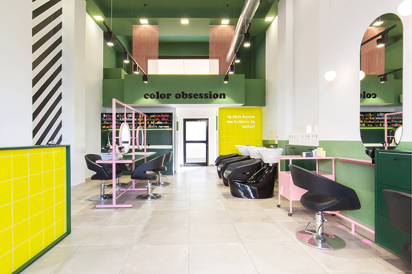 studiomateriality applies bold color palette within hair salon interior in athens, greece