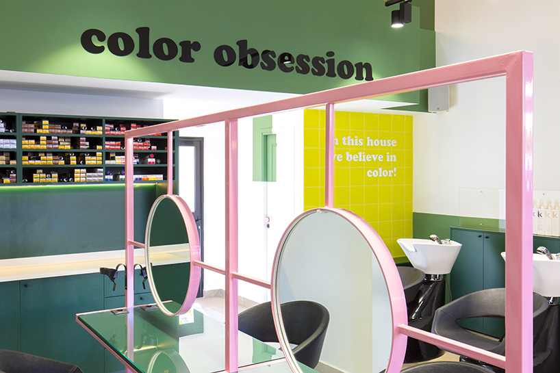 studiomateriality applies bold color palette within hair salon interior in athens, greece