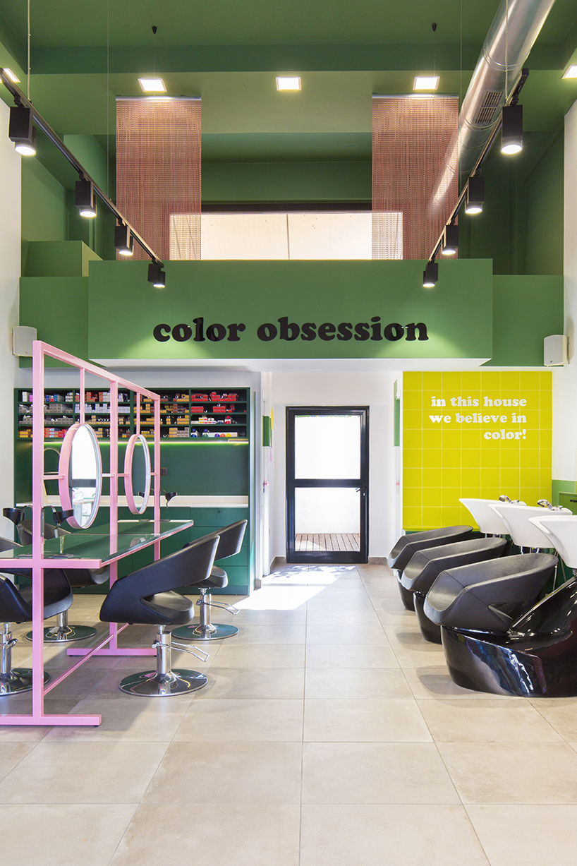 studiomateriality applies bold color palette within hair salon interior in athens, greece