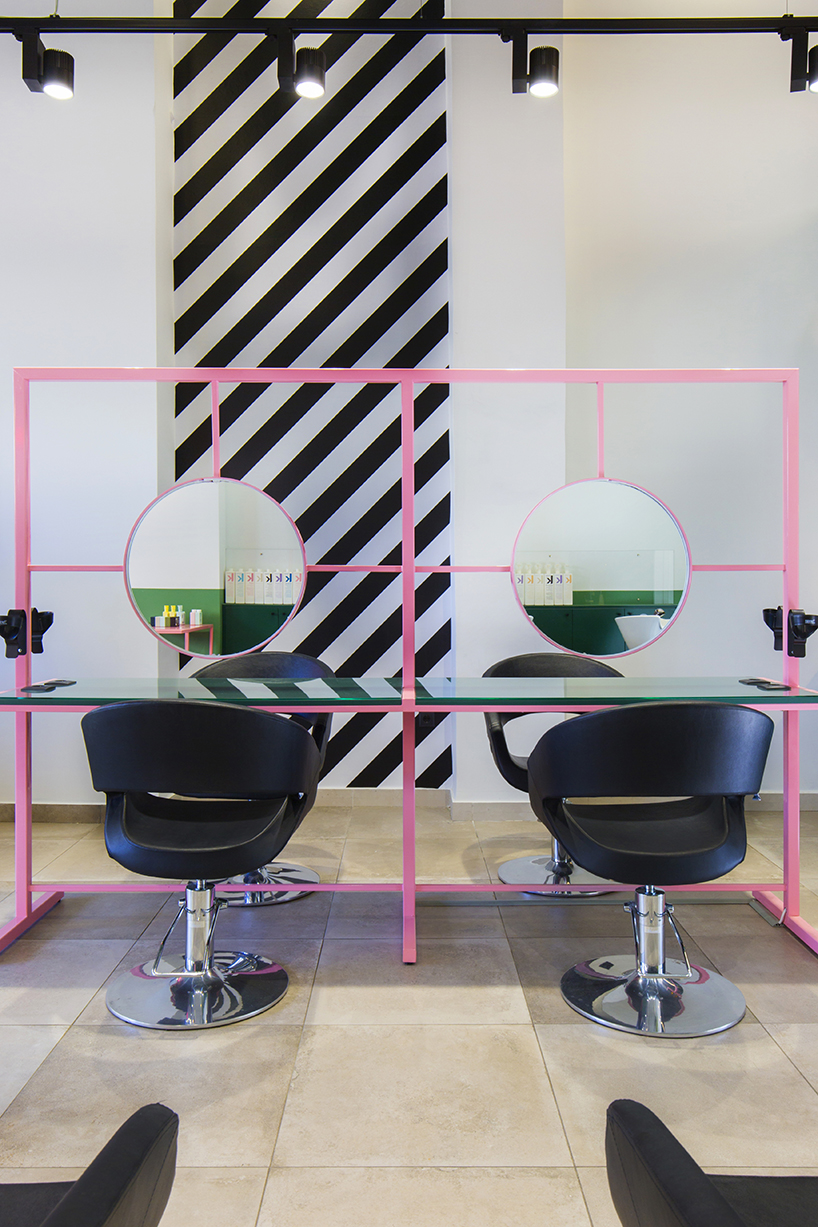 studiomateriality applies bold color palette within hair salon interior in athens, greece