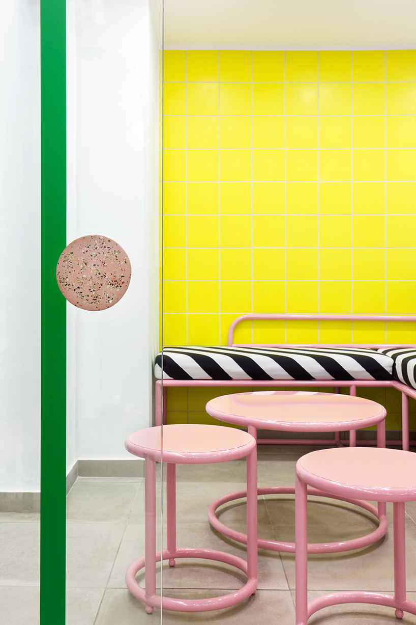 studiomateriality applies bold color palette within hair salon interior in athens, greece