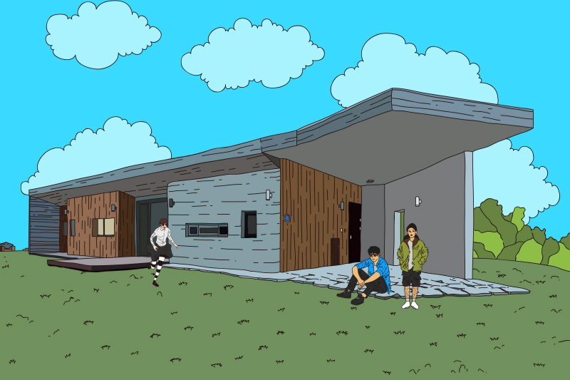 the apple farm house designed by 2m2 architects is inspired by its surrounding natural scenery