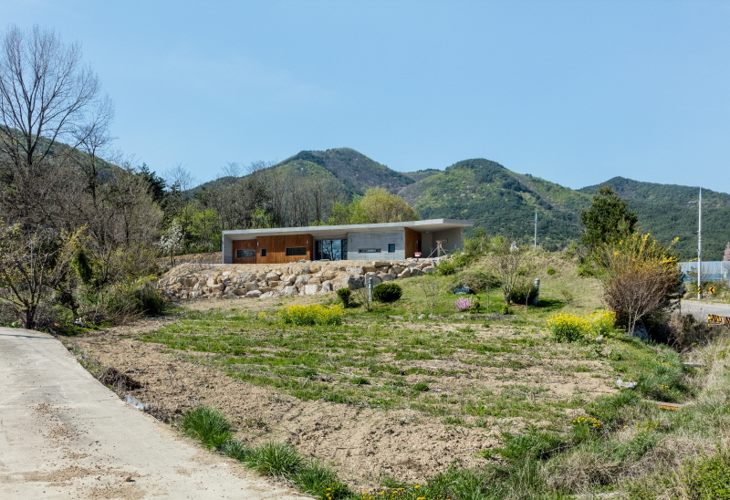 the apple farm house designed by 2m2 architects is inspired by its surrounding natural scenery