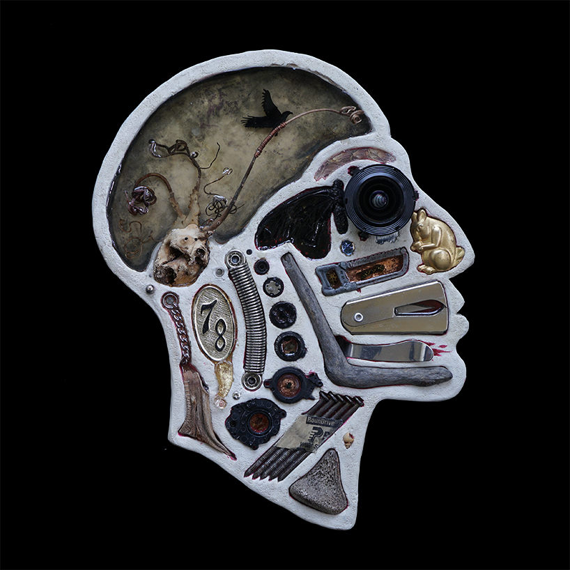 EMnXW's surrealist head sculptures are made of miscellaneous objects