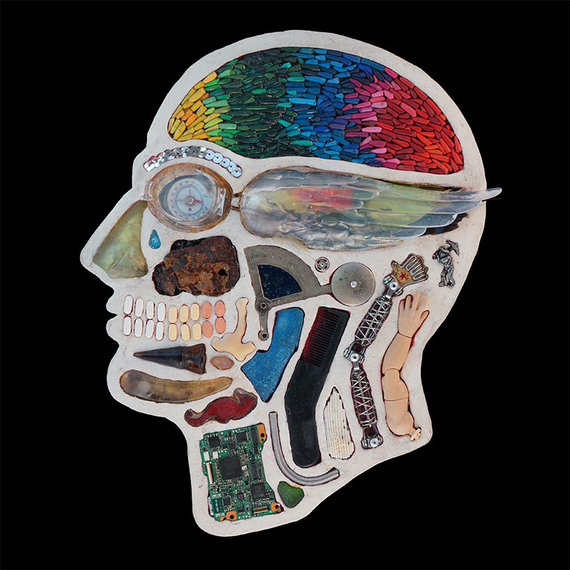 EMnXW's surrealist head sculptures are made of miscellaneous objects