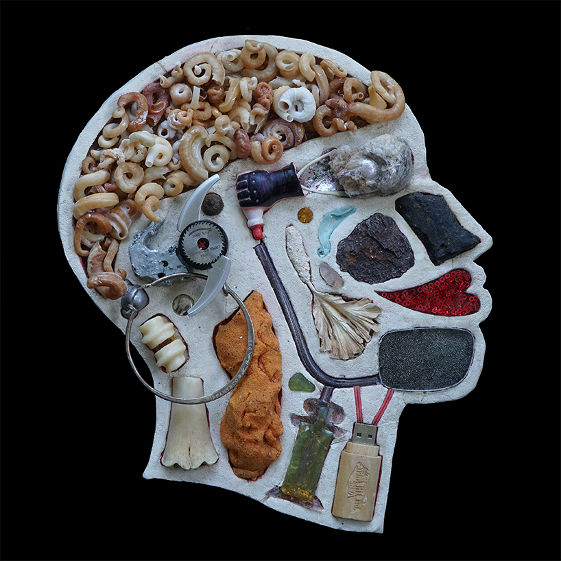 EMnXW's surrealist head sculptures are made of miscellaneous objects