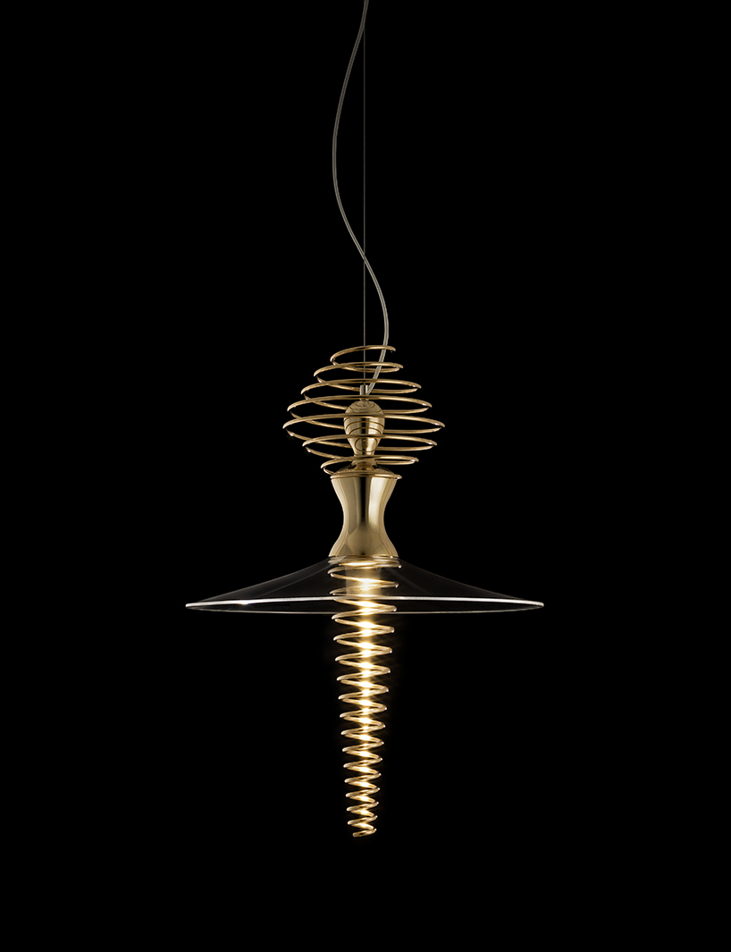 sergi ventura's latest pendant light collection features violins, flowers and birds all plated in 24k gold