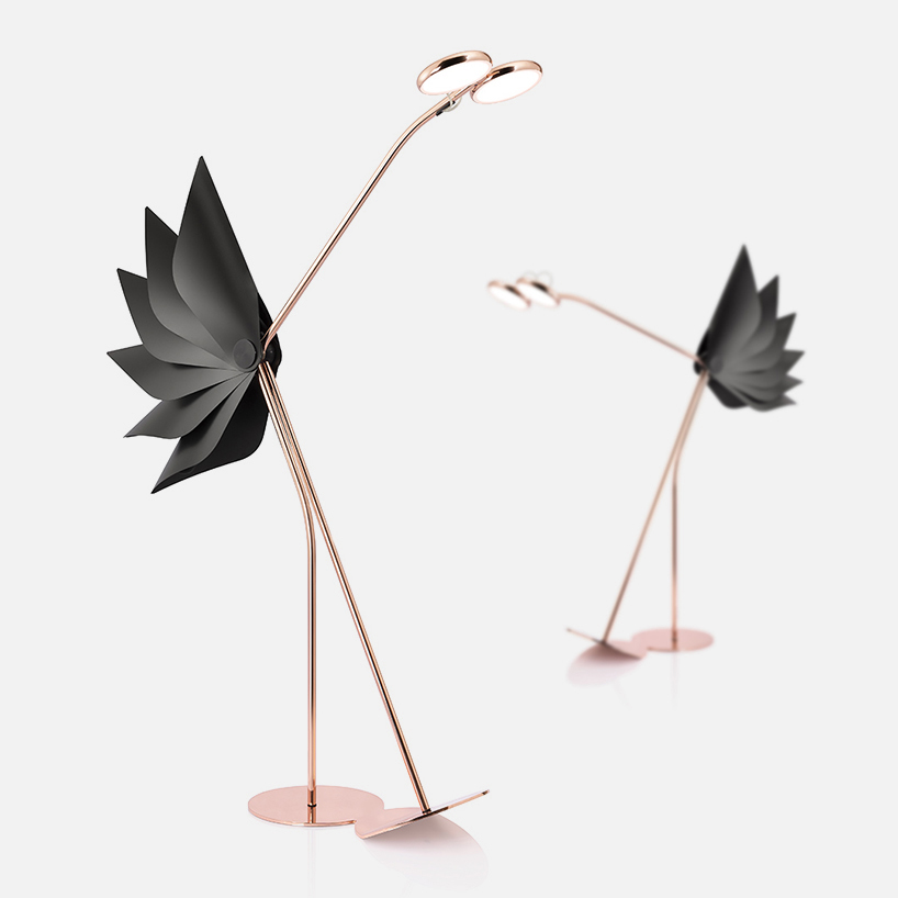 sergi ventura's latest pendant light collection features violins, flowers and birds all plated in 24k gold