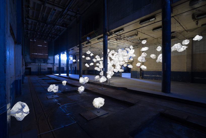 bridge's paper cloud installation empowers architects and designers from san antonio