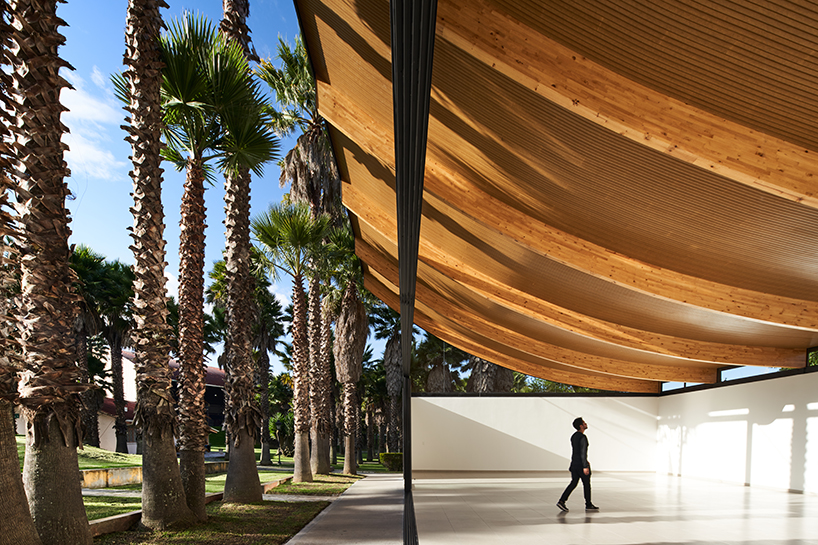 Vigas curvas de madera laminada forman un techo ligero en lo alto del Pabellón de La Coruña en Cambaia