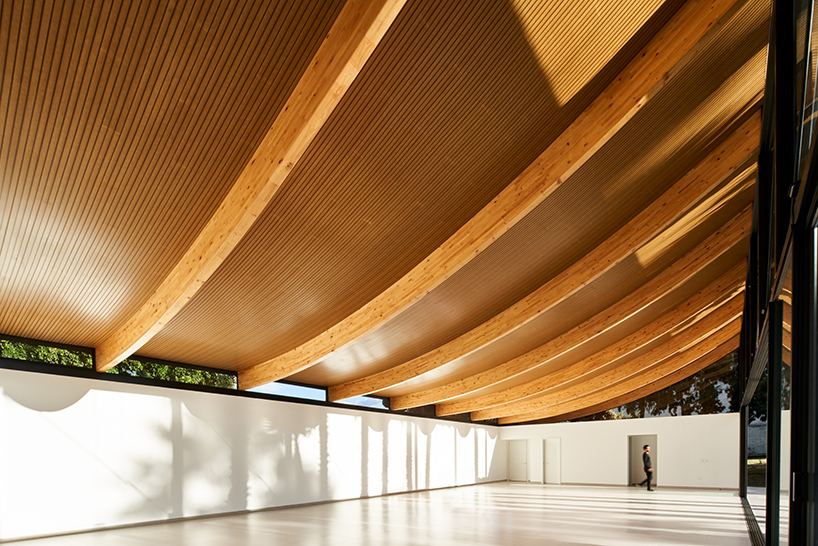 Vigas curvas de madera laminada forman un techo ligero en lo alto del Pabellón de La Coruña en Cambaia