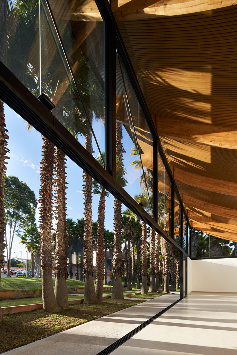 Vigas curvas de madera laminada forman un techo ligero en lo alto del Pabellón de La Coruña en Cambaia