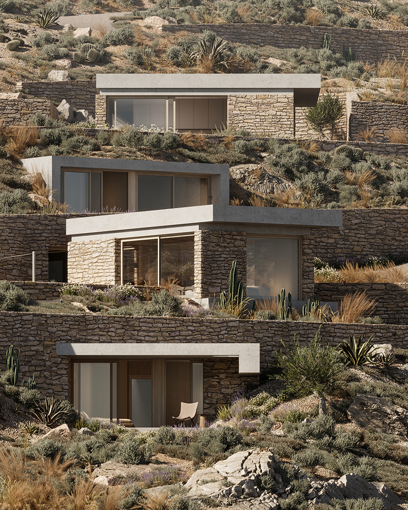 kapsimalis architects embeds stone-clad cave homes into greek island's hillside