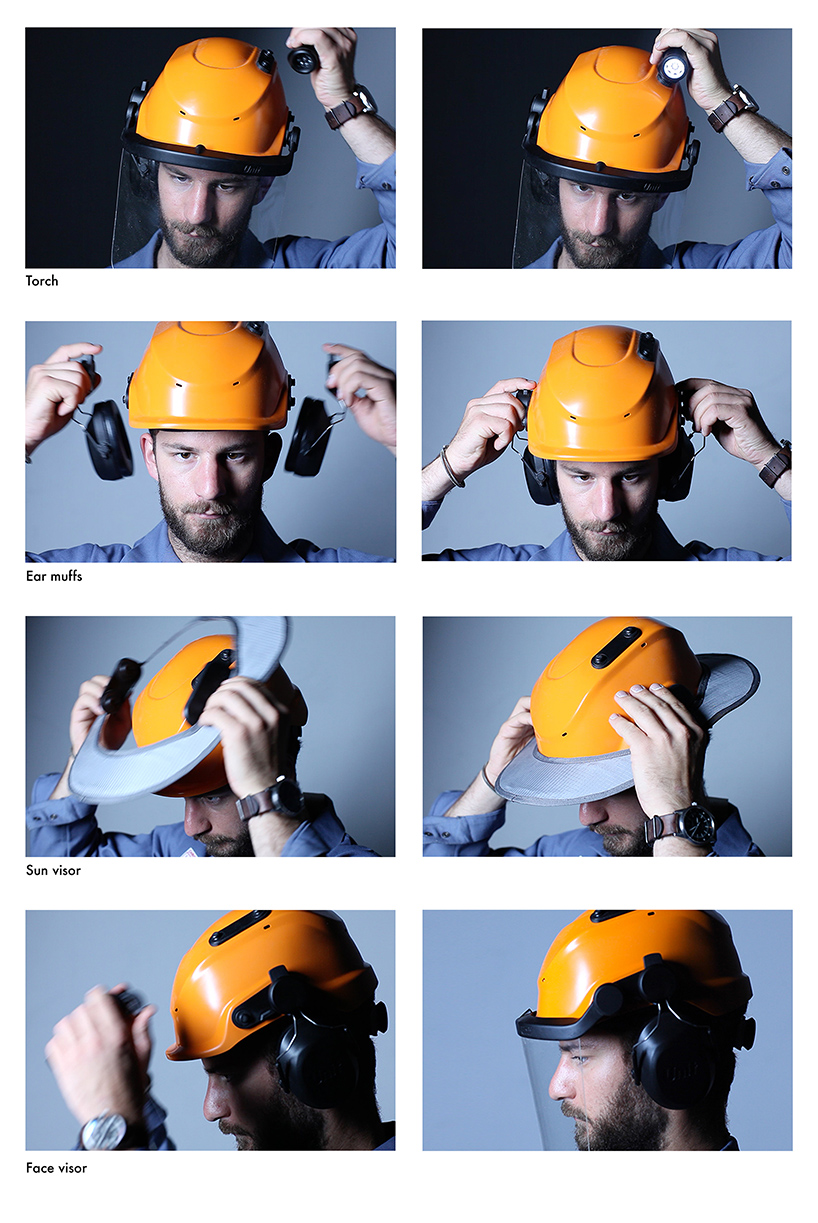 jaehoon jung's helmet allows workers to place accessories with a magnetic snap system