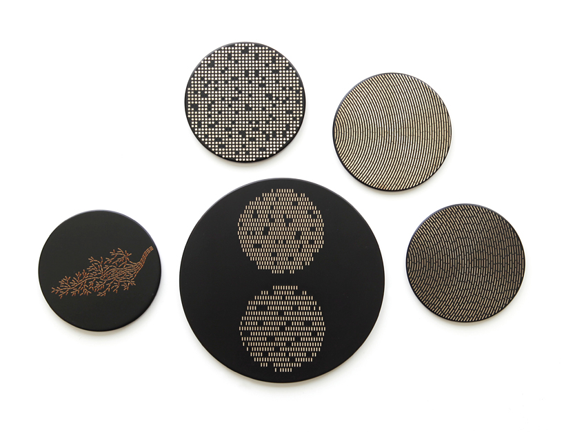 jungmo yang's tableware series uses lasers on lacquered metal to create golden details