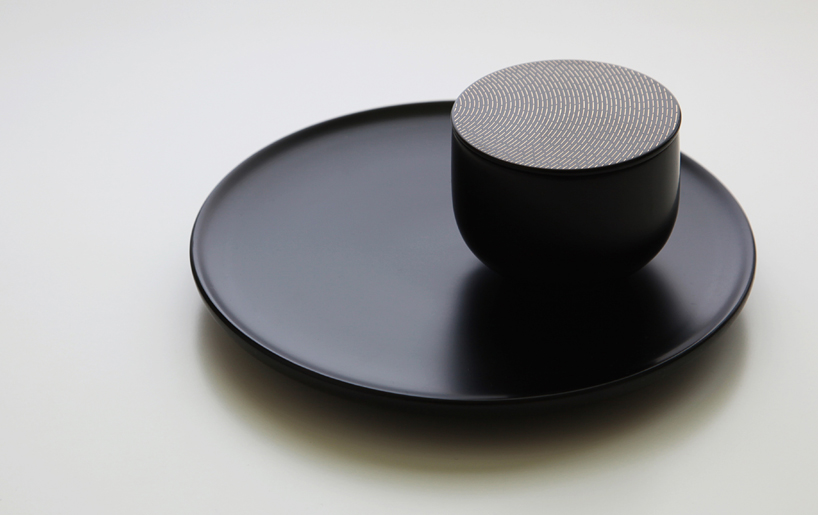 jungmo yang's tableware series uses lasers on lacquered metal to create golden details