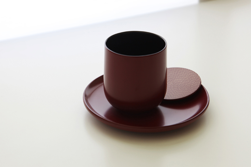 jungmo yang's tableware series uses lasers on lacquered metal to create golden details